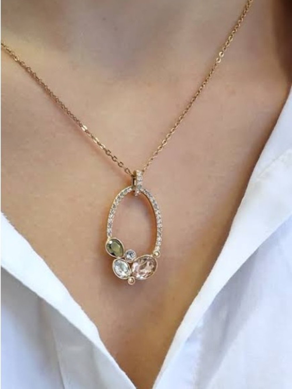 Swarovski Gold-Tone Oval Pendant Necklace with Multicolor Stones